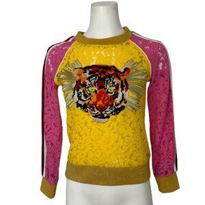 Yativi Tiger Lace Sweater Top S Yellow Pink Colorblock Long Sleeve Crewneck
